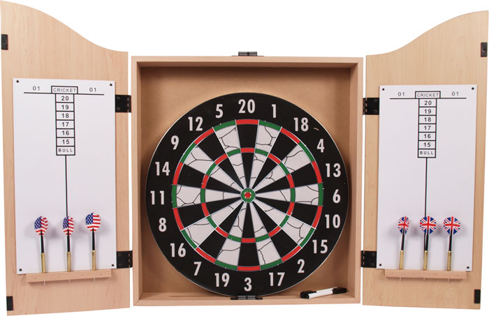 Dart cabinet, including board and darts